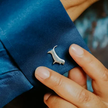 Basset Hound Cufflinks, handmade with Sustainable Silver, Model Shot
