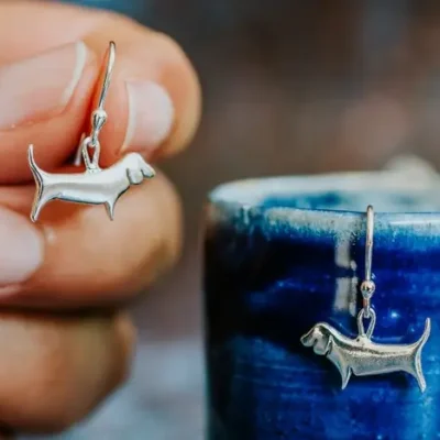 Basset Hound Earrings, handmade with Sustainable Silver, Hand Shot