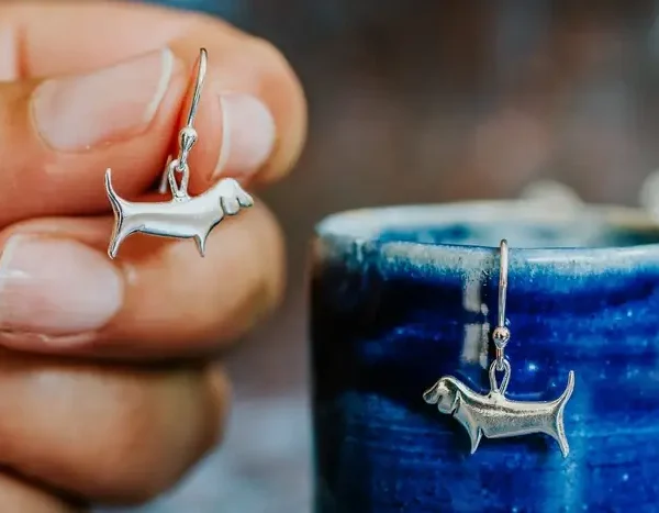 Basset Hound Earrings, handmade with Sustainable Silver, Hand Shot