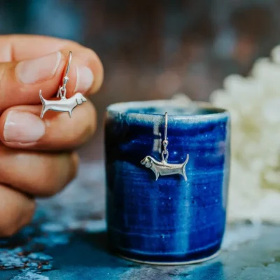 Basset Hound Earrings, handmade with Sustainable Silver, Hand Shot Zoom