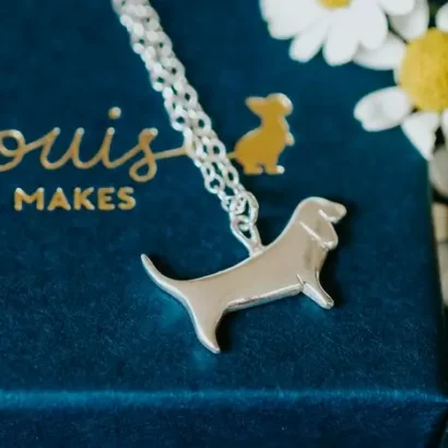 Basset Hound Necklace, handmade with Sustainable Silver, Box Shot