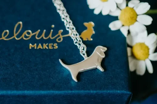 Basset Hound Necklace, handmade with Sustainable Silver, Box Shot