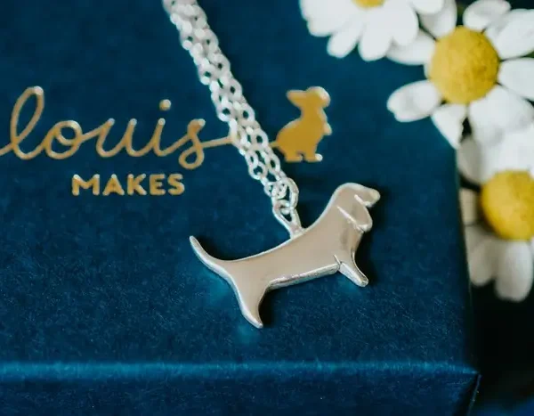 Basset Hound Necklace, handmade with Sustainable Silver, Box Shot