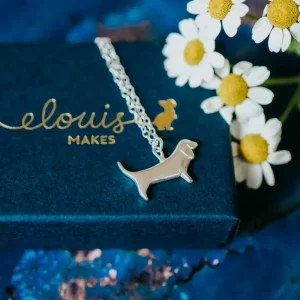 Basset Hound Necklace, handmade with Sustainable Silver, Box Shot Zoom
