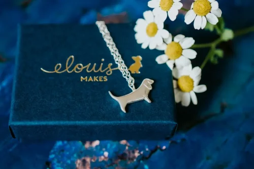 Basset Hound Necklace, handmade with Sustainable Silver, Box Shot Zoom