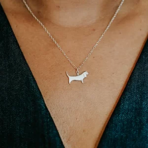 Basset Hound Necklace, handmade with Sustainable Silver, Model Shot