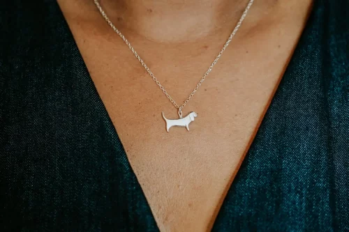 Basset Hound Necklace, handmade with Sustainable Silver, Model Shot
