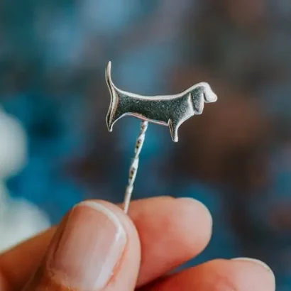 Basset Hound Pin handmade with Sustainable Silver, Handshot