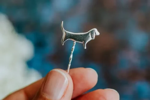 Basset Hound Pin handmade with Sustainable Silver, Handshot