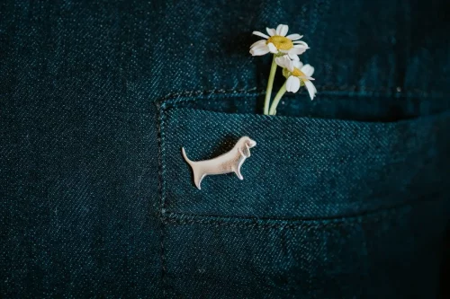 Basset Hound Pin, handmade with Sustainable Silver, Model Shot