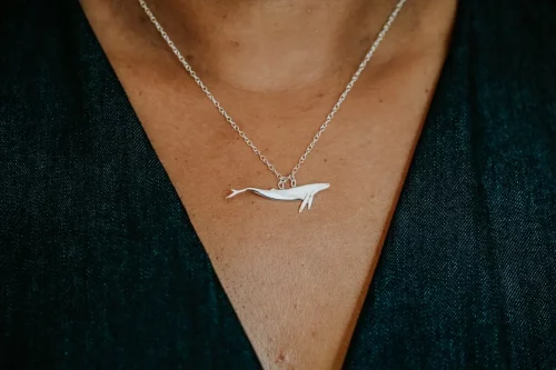 Blue Whale Necklace, handmade with Sustainable Silver, Model Shot