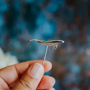 Blue Whale Pin, handmade with Sustainable Silver, Hand Shot Zoom