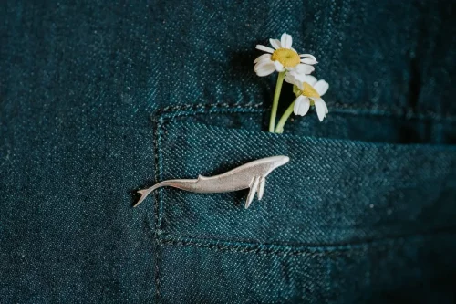 Blue Whale Pin, handmade with Sustainable Silver, Model Shot