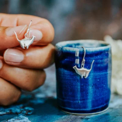 Sitting Silver Cat Earrings, handmade with Sustainable Silver, Hand Shot Zoom