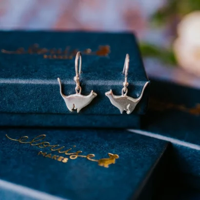 Sitting Silver Cat Earrings, handmade with Sustainable Silver, Box Shot