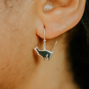 Sitting Silver Cat Earrings, handmade with Sustainable Silver, Model Shot