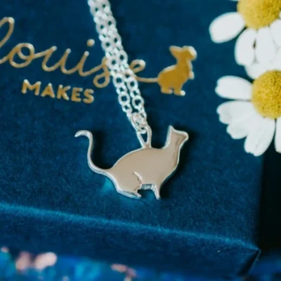 Sitting Silver Cat Necklace, handmade with Sustainable Silver, Box Shot