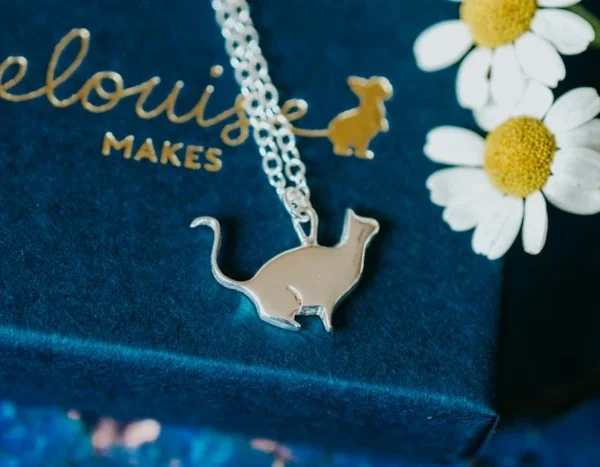 Sitting Silver Cat Necklace, handmade with Sustainable Silver, Box Shot