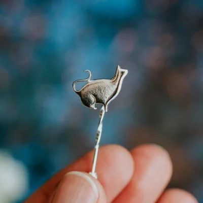 Sitting Silver Cat Pin, handmade with Sustainable Silver, Hand Shot