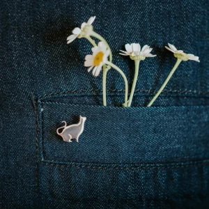 Sitting Silver Cat Pin, handmade with Sustainable Silver, Model Shot