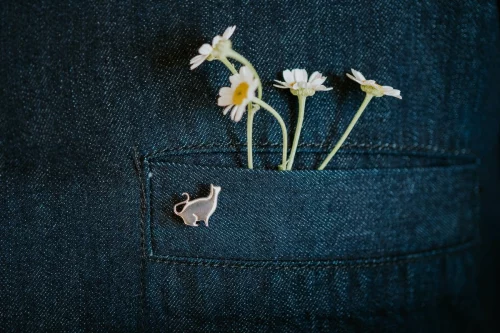 Sitting Silver Cat Pin, handmade with Sustainable Silver, Model Shot