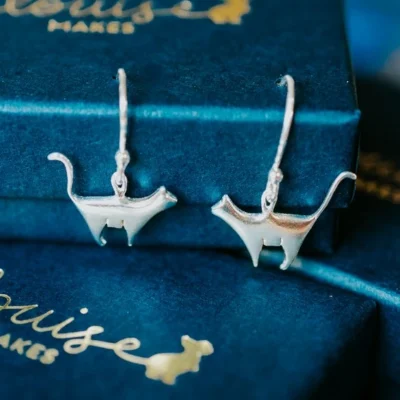 Standing Silver Cat Earrings, handmade with Sustainable Silver, Box Shot