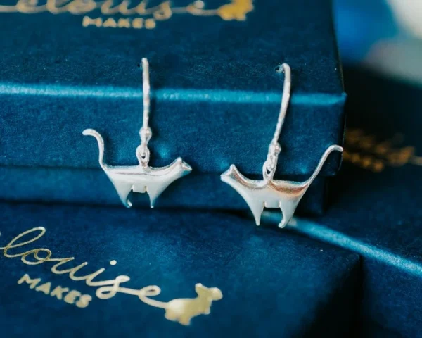 Standing Silver Cat Earrings, handmade with Sustainable Silver, Box Shot