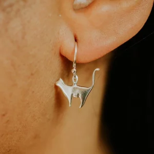Standing Silver Cat Earrings, handmade with Sustainable Silver, Model Shot