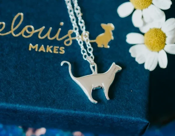Standing Silver Cat Necklace, handmade with Sustainable Silver, Box Shot