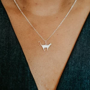 Standing Silver Cat Necklace, handmade with Sustainable Silver, Model Shot
