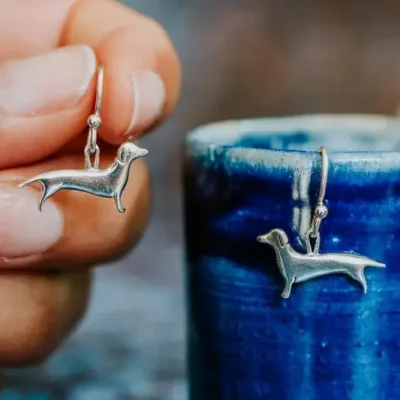 Dachshund Dog Earrings, handmade with Sustainable Silver, Hand Shot