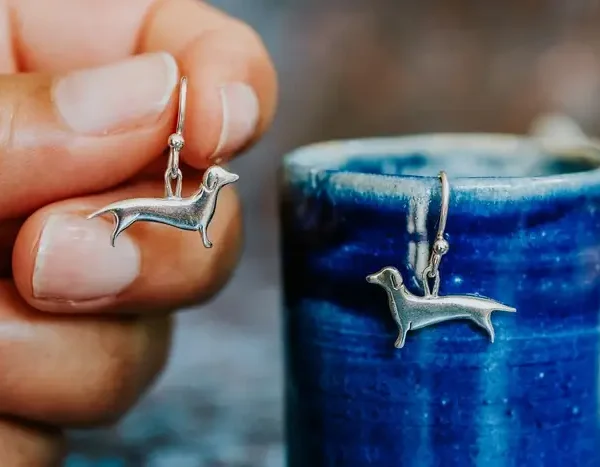 Dachshund Dog Earrings, handmade with Sustainable Silver, Hand Shot