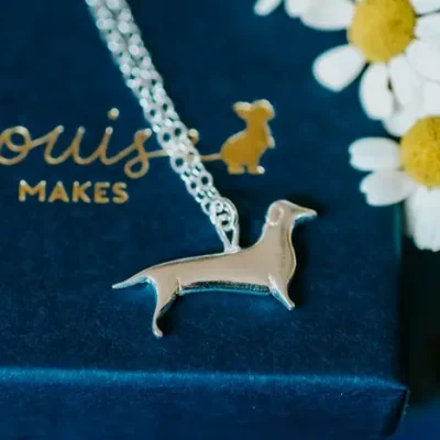 Dachshund Dog Necklace, handmade with Sustainable Silver, Box Shot