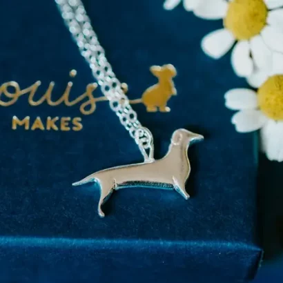 Dachshund Dog Necklace, handmade with Sustainable Silver, Box Shot