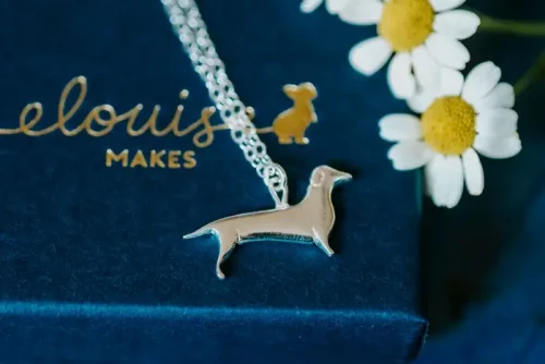 Dachshund Dog Necklace, handmade with Sustainable Silver, Box Shot