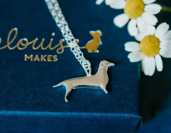 Dachshund Dog Necklace, handmade with Sustainable Silver, Box Shot