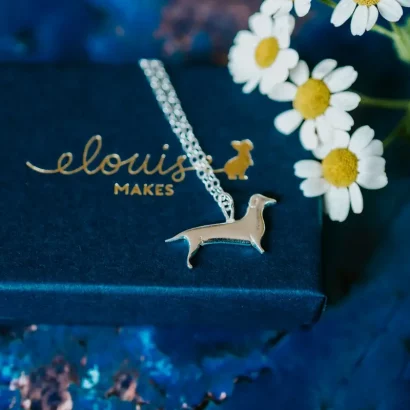 Dachshund Dog Necklace, handmade with Sustainable Silver, Box Shot Zoom