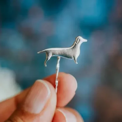 Dachshund Dog Pin, handmade with Sustainable Silver, Hand Shot