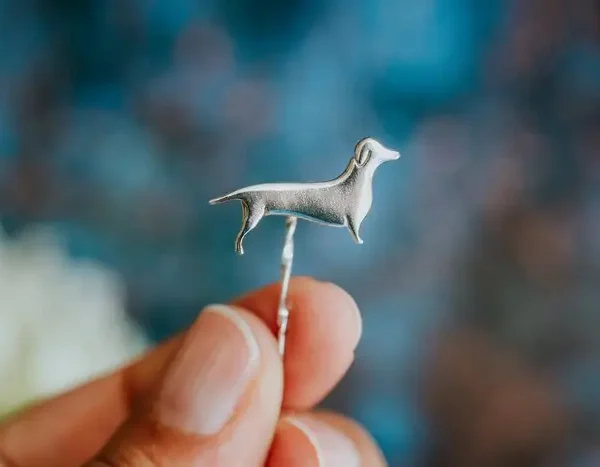 Dachshund Dog Pin, handmade with Sustainable Silver, Hand Shot