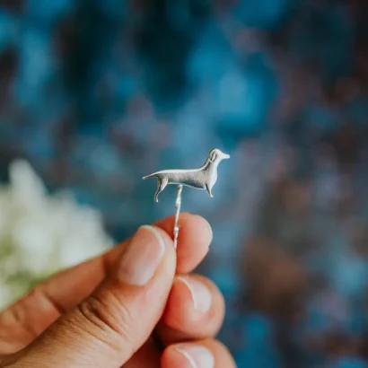 Dachshund Dog Pin, handmade with Sustainable Silver, Hand Shot Zoom