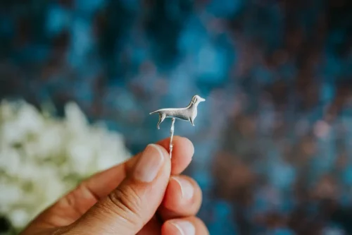 Dachshund Dog Pin, handmade with Sustainable Silver, Hand Shot Zoom