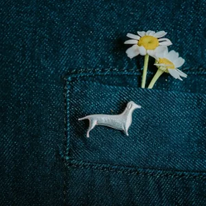 Dachshund Dog Pin, handmade with Sustainable Silver, Model Shot