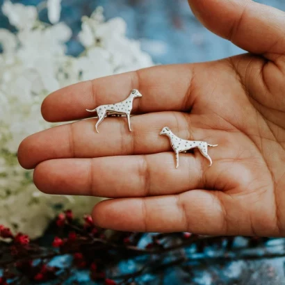 Dalmatian Dog Cufflinks, handmade with Sustainable Silver, Hand Shot
