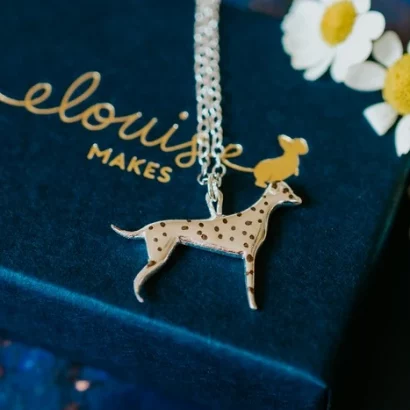 Dalmatian Dog Necklace, handmade with Sustainable Silver, Box Shot