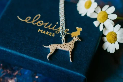 Dalmatian Dog Necklace, handmade with Sustainable Silver, Box Shot