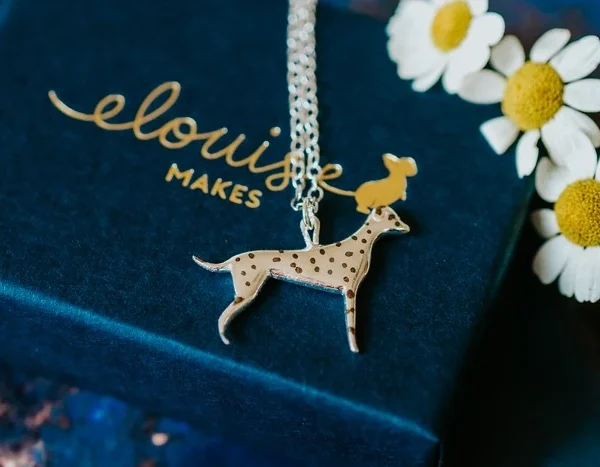 Dalmatian Dog Necklace, handmade with Sustainable Silver, Box Shot