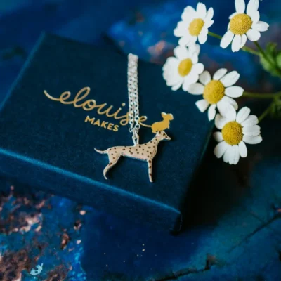 Dalmatian Dog Necklace, handmade with Sustainable Silver, Box Shot Zoom