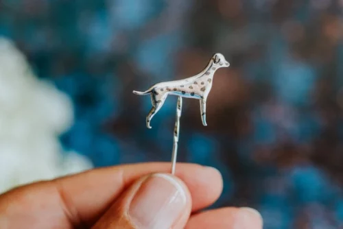 Dalmatian Dog Pin, handmade with Sustainable Silver, Hand Shot