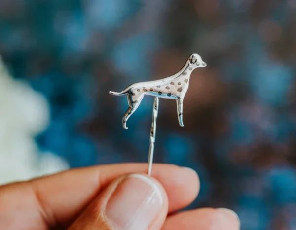 Dalmatian Dog Pin, handmade with Sustainable Silver, Hand Shot
