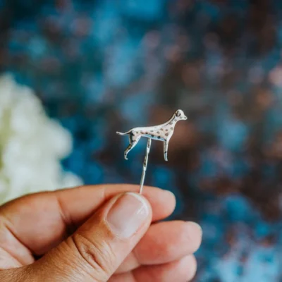 Dalmatian Dog Pin, handmade with Sustainable Silver, Hand Shot Zoom